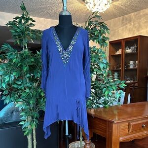 Karen Millen 100% Silk Dark Purple Tunic Top with Embellished Beading Size 8